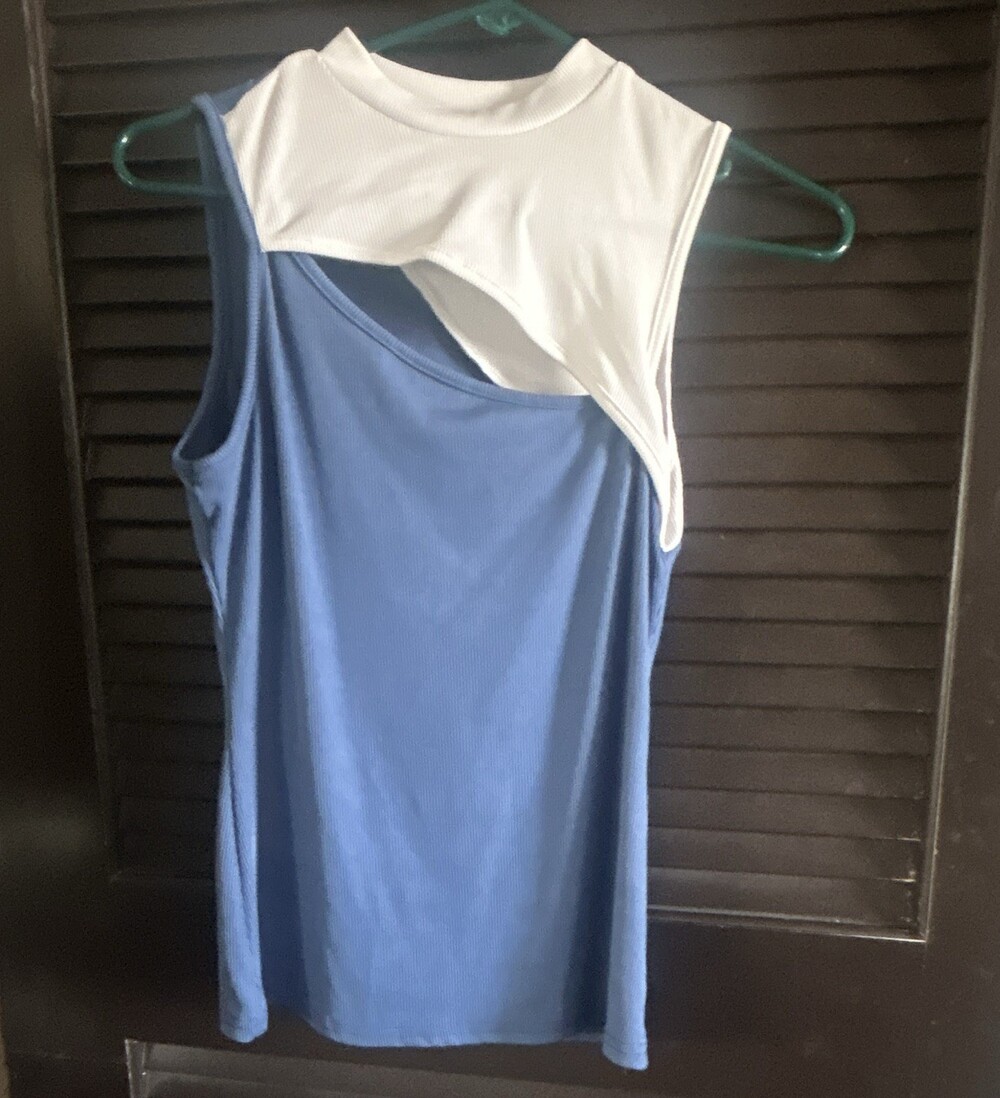 SHEIN Women's M Blue/White Colorblock Crew Neck One Shoulder Knit Pullover Tank